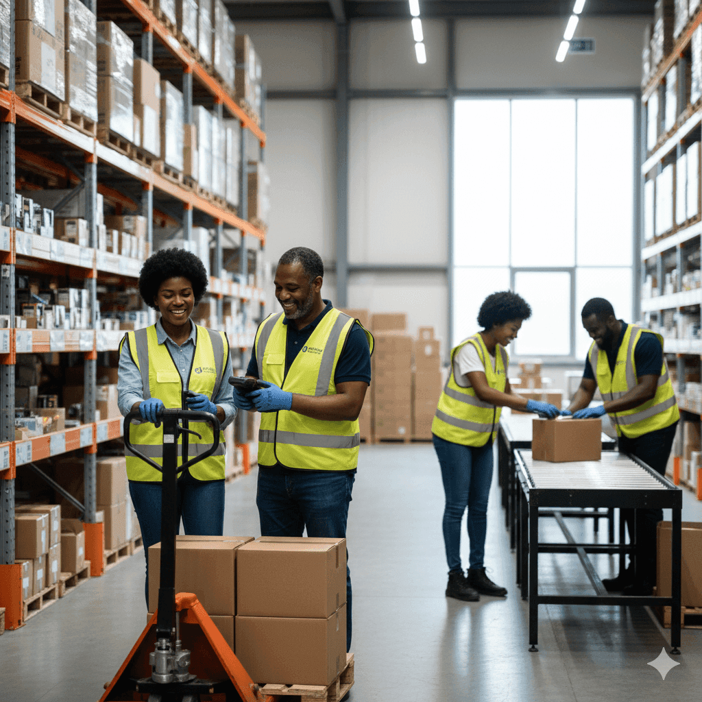 Warehouse staff managing inventory